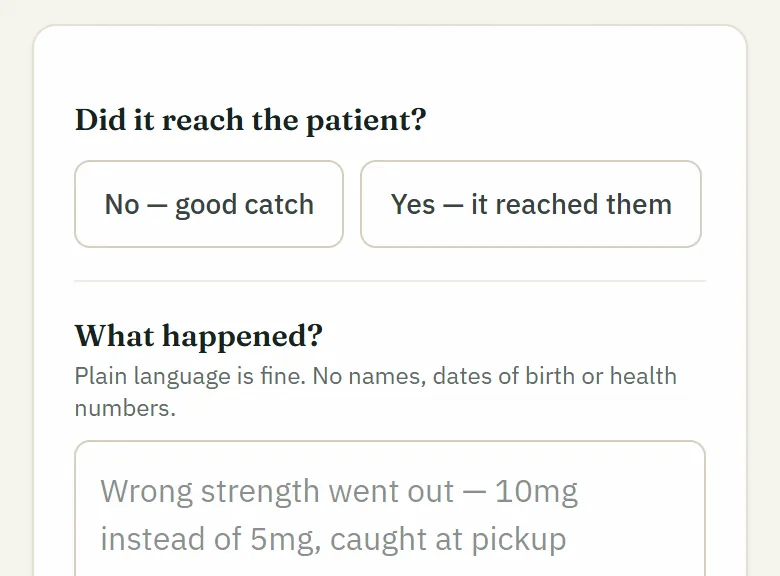 NarcCount's AIMS incident report form: did it reach the patient, what happened and when, on one screen.