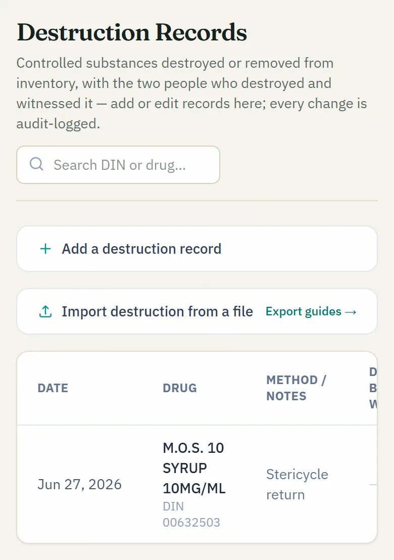 NarcCount's Destruction Records screen: add a destruction record, import destructions from a file, and the list of recorded destructions.