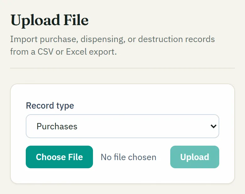 NarcCount's Upload File screen with Purchases chosen as the record type.